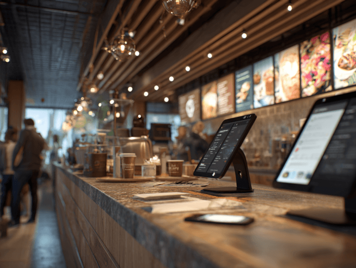 Modern cafe interior with digital menus.