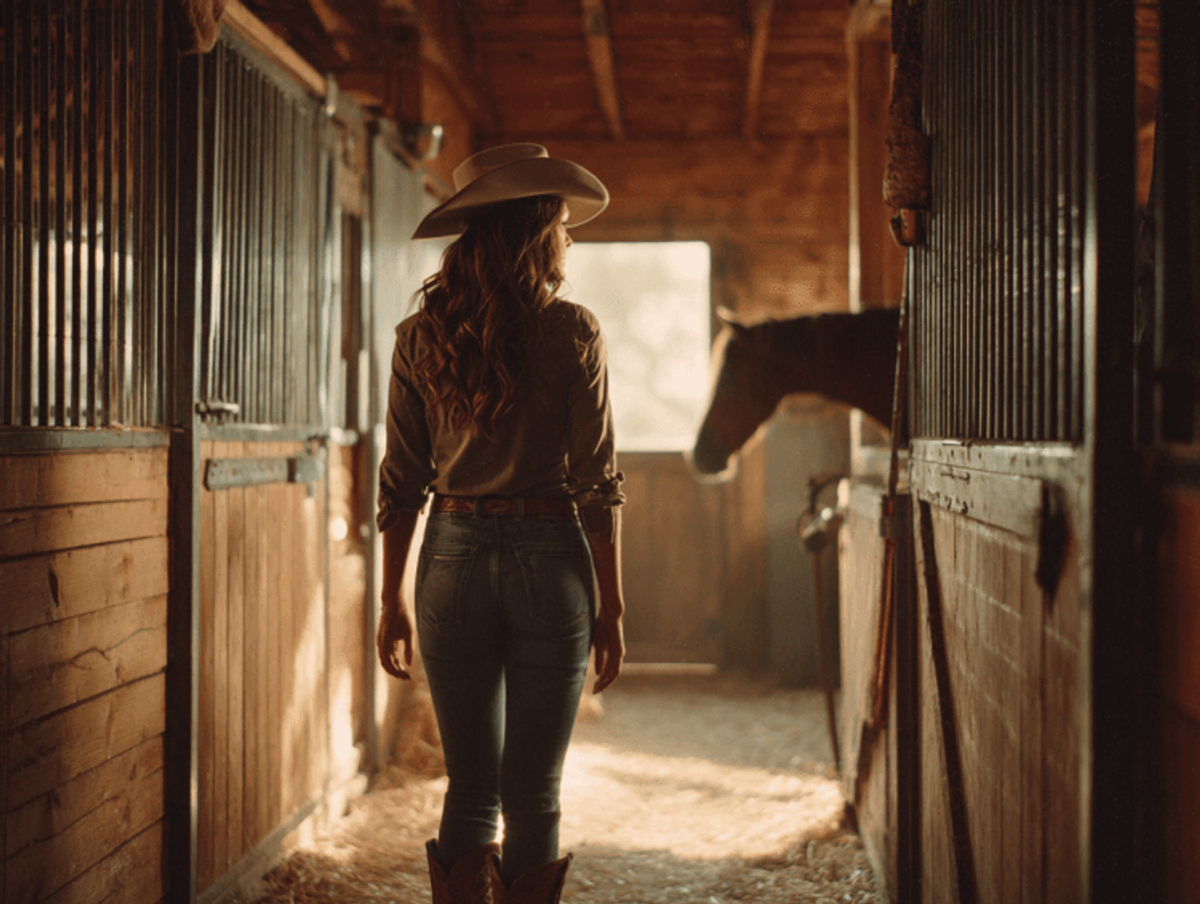 Woman in cowboy hat walking in horse stable