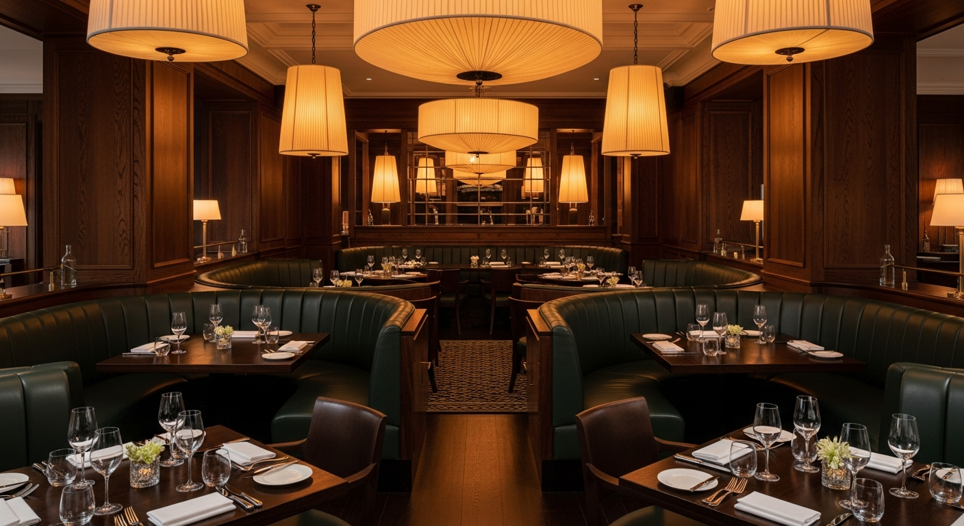 Premium fine dining restaurant with dark wood paneling and dramatic pendant lighting