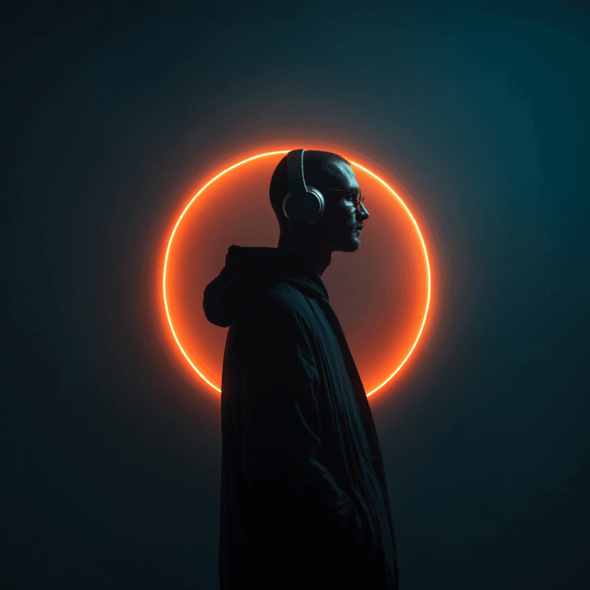 Silhouette with headphones and glowing orange circle.