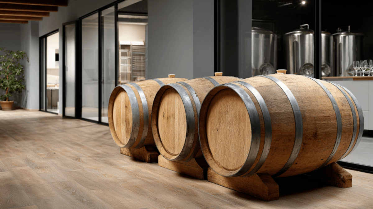 Wooden barrels in a modern winery basement.
