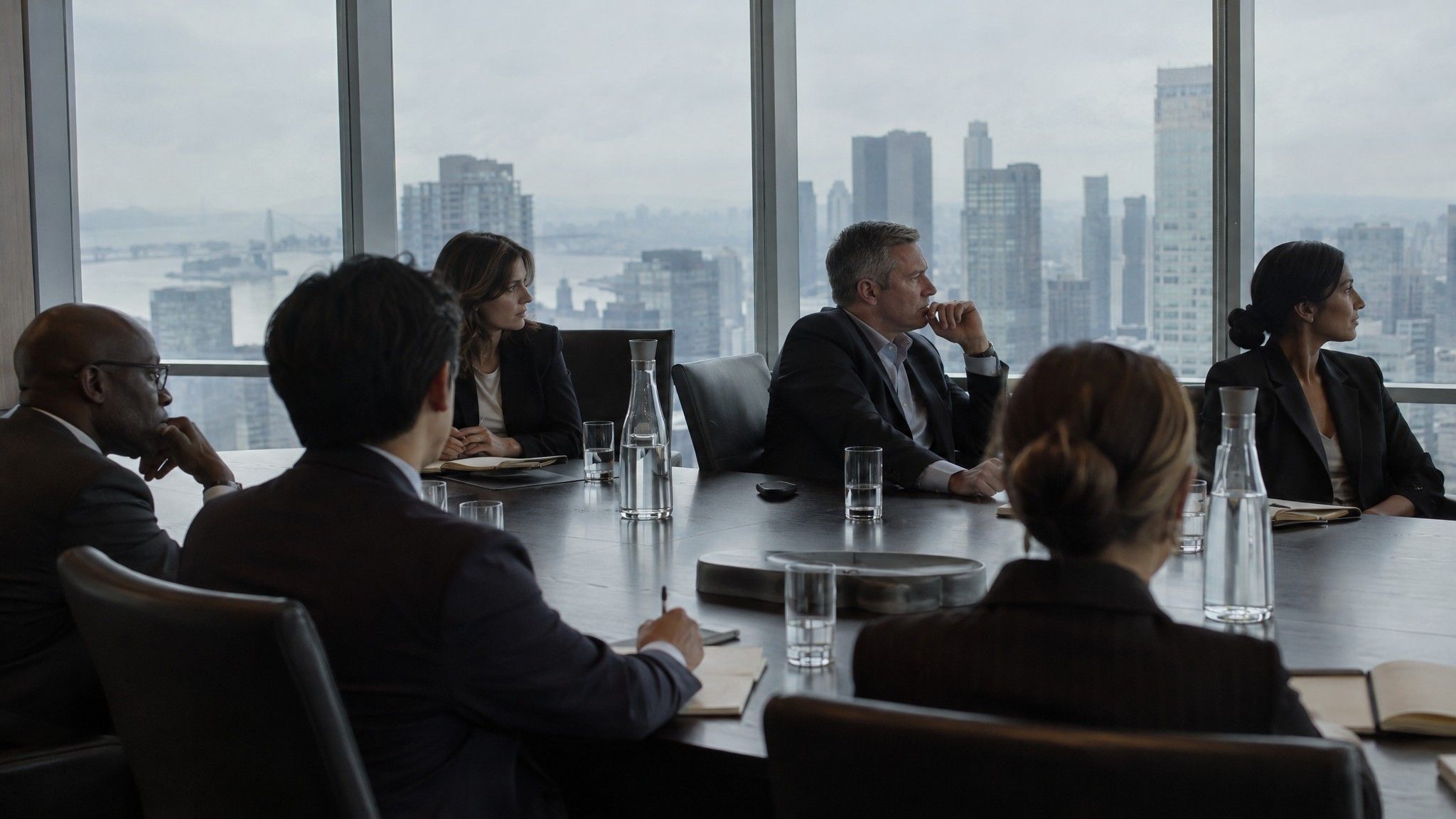 High-floor boardroom with a long dark table and leather chairs