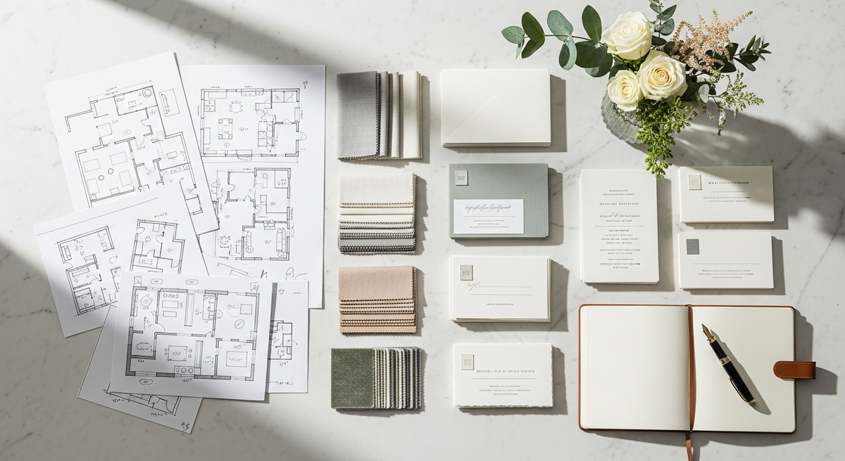 Elegant event planning materials including floor plans and design elements