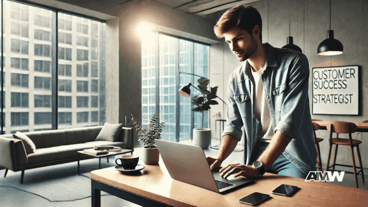 Man working on laptop in modern office.