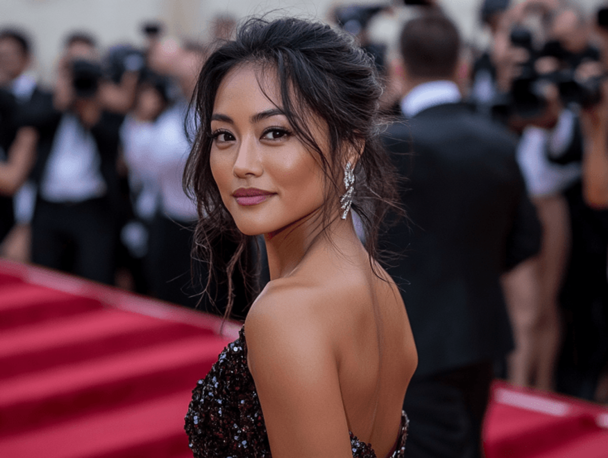 Woman in elegant gown on red carpet event.
