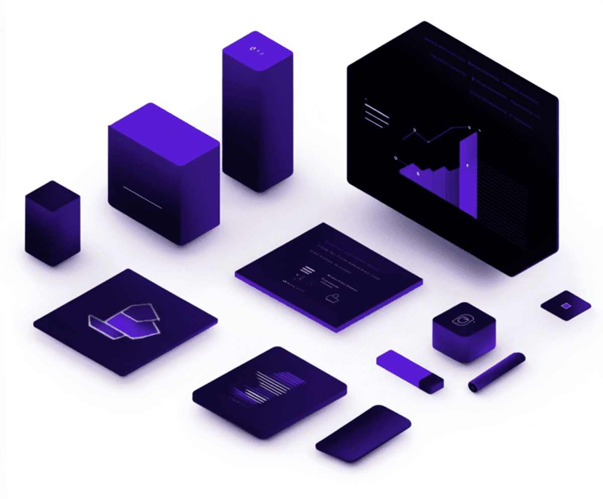 Abstract tech gadgets with glowing purple highlights.