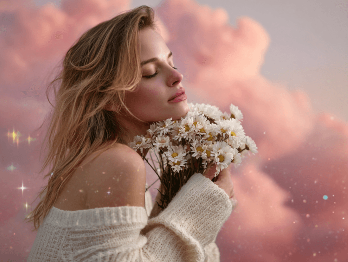 Woman with flowers against pink cloudy sky