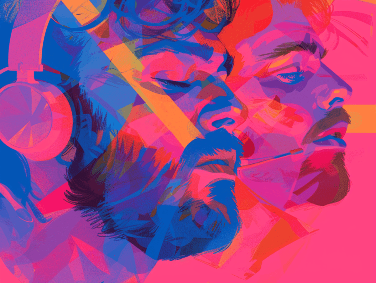 Colorful digital art of faces with headphones.