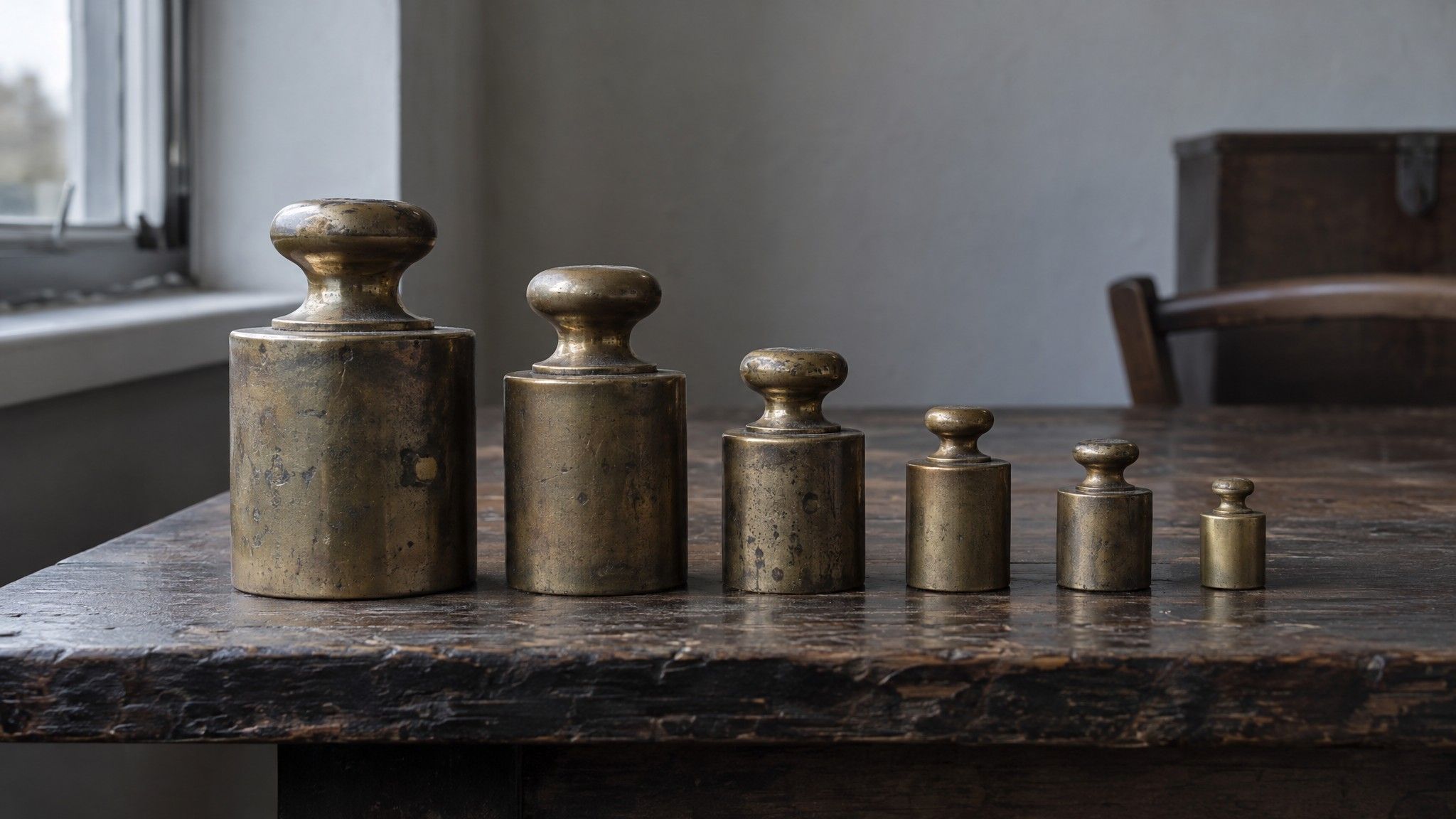Brass weights lined up on a dark wooden table