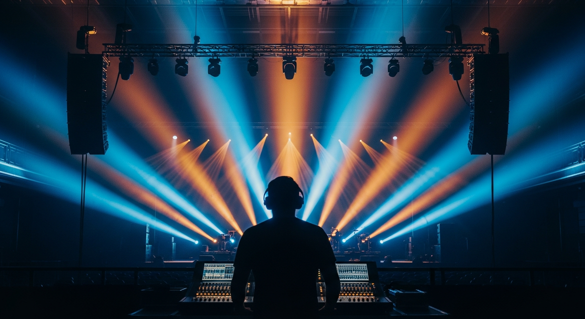 Silhouette of event technician at audio mixing console backlit by dramatic stage lighting