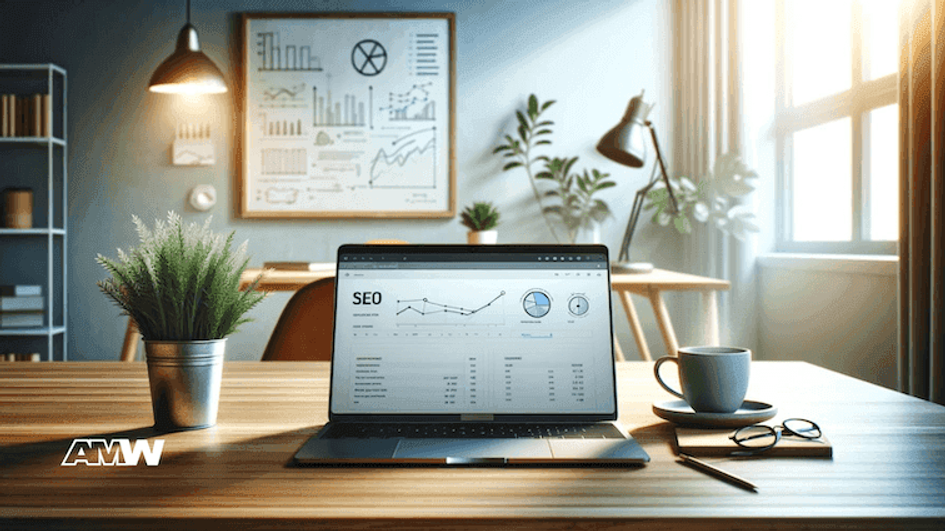 A laptop on a wooden desk showing an analytics dashboard with a line chart and two circular gauges, beside a potted plant and a coffee cup