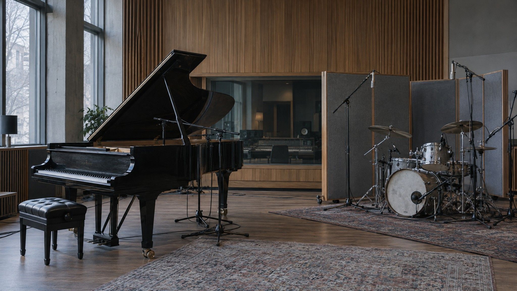 Recording studio live room with a grand piano and drum kit