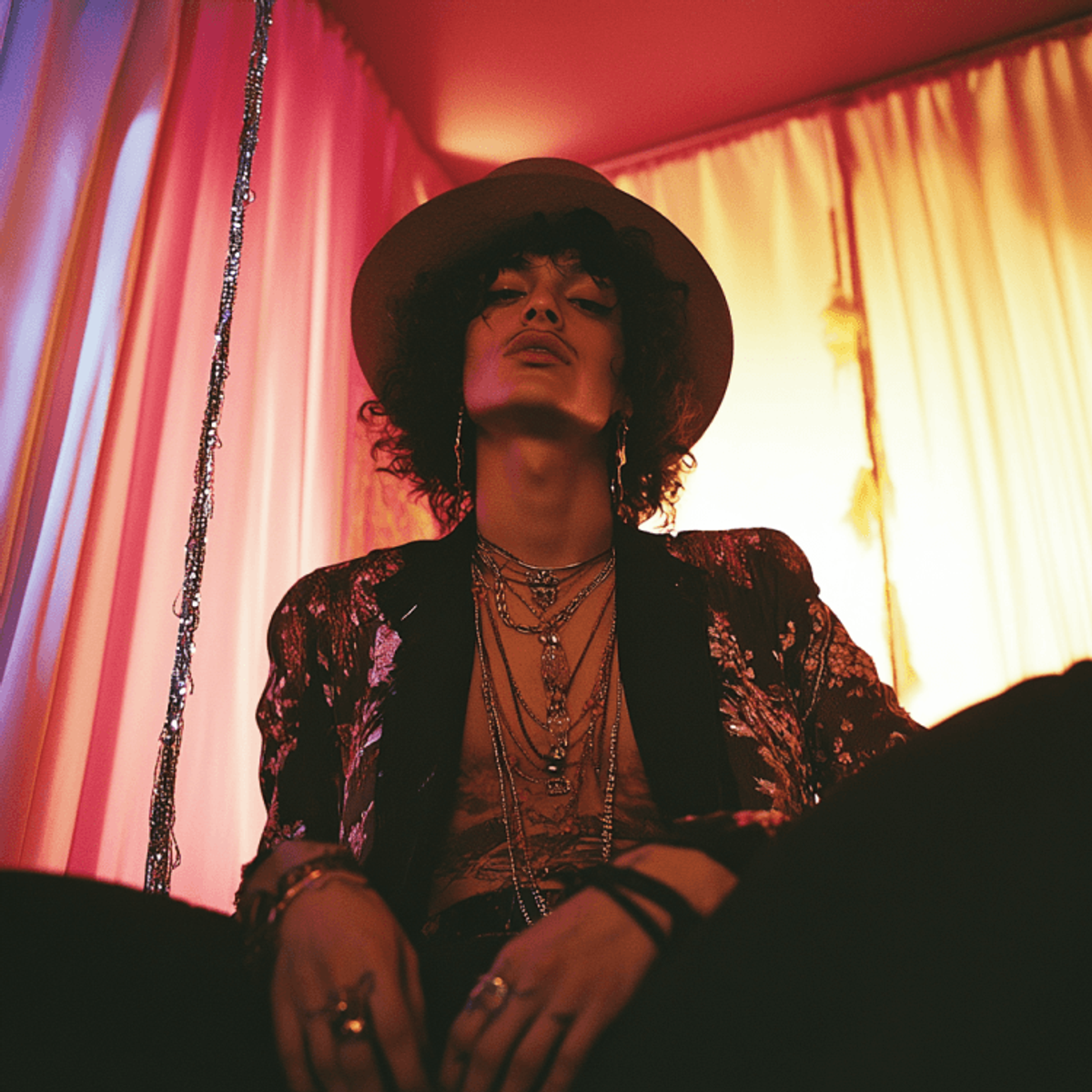 Fashionable person in vibrant, colorful room setting.