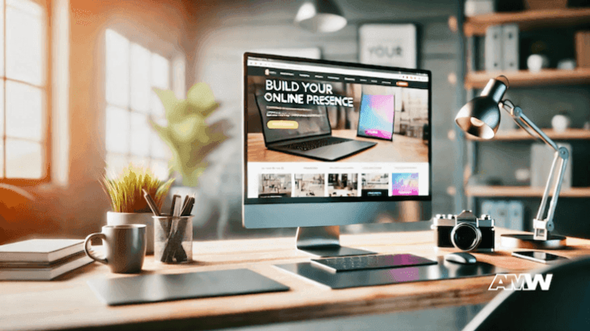 Modern workspace with website on desktop screen