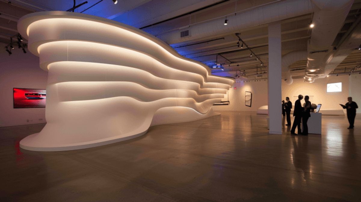 Modern art exhibit with illuminated wavy wall design.
