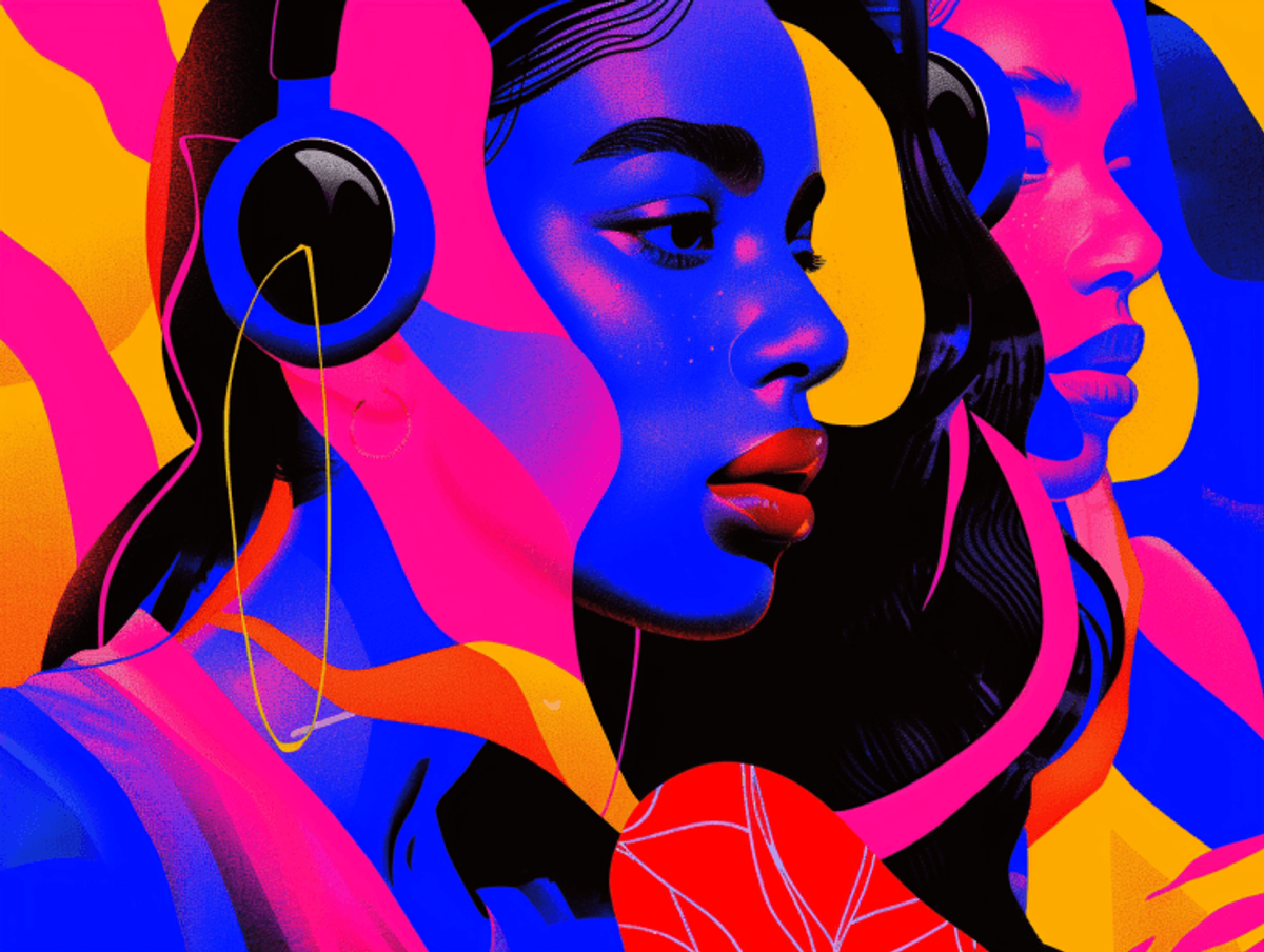 Colorful digital art of girl with headphones.