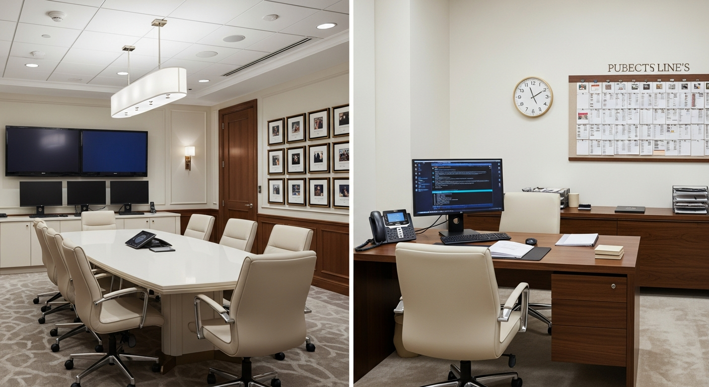 Split view of large PR agency boardroom and intimate publicist office showing scale difference