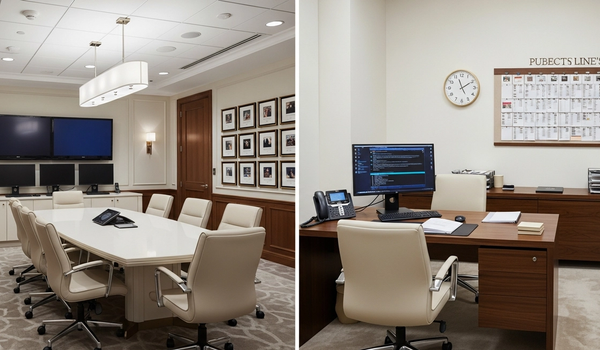 Split view of large PR agency boardroom and intimate publicist office showing scale difference