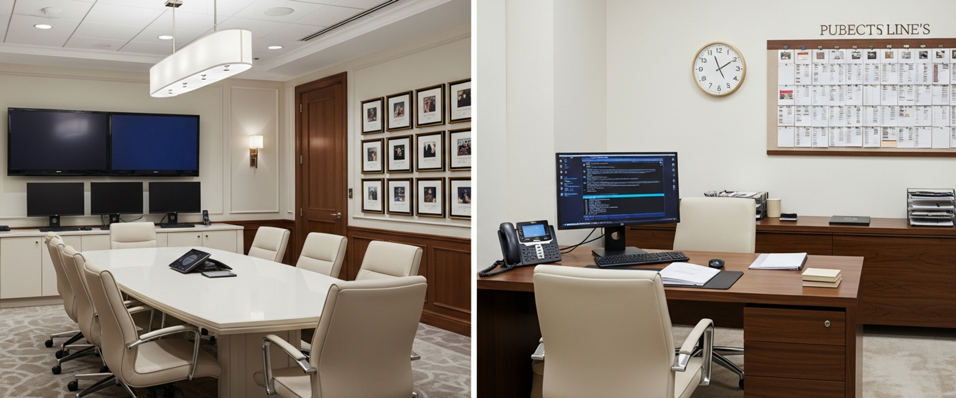Split view of large PR agency boardroom and intimate publicist office showing scale difference