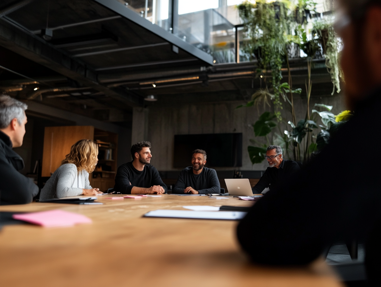 Team meeting in a modern industrial office with hanging plants and warm lighting