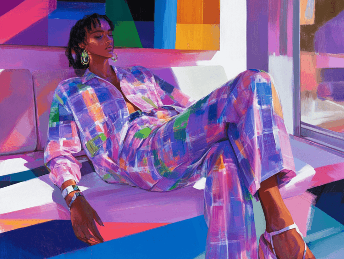 Colorful portrait of a relaxed, stylish person.