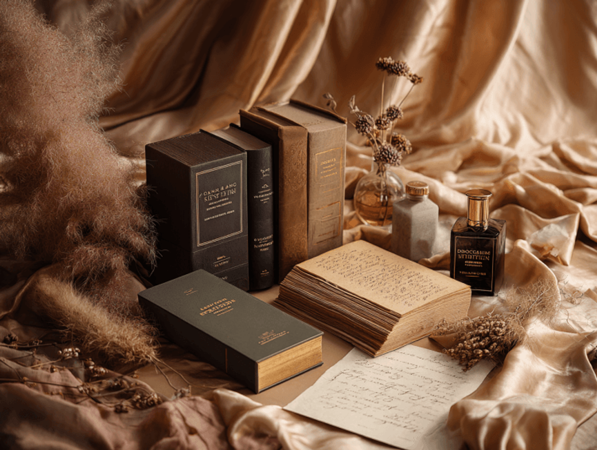 Vintage books and bottles on silk fabric backdrop.