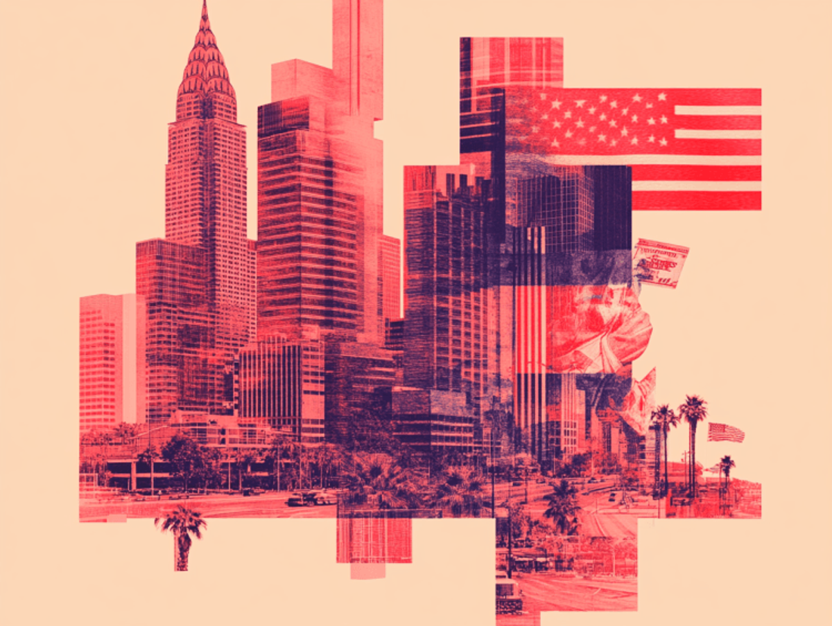 Abstract cityscape collage with American flag elements.