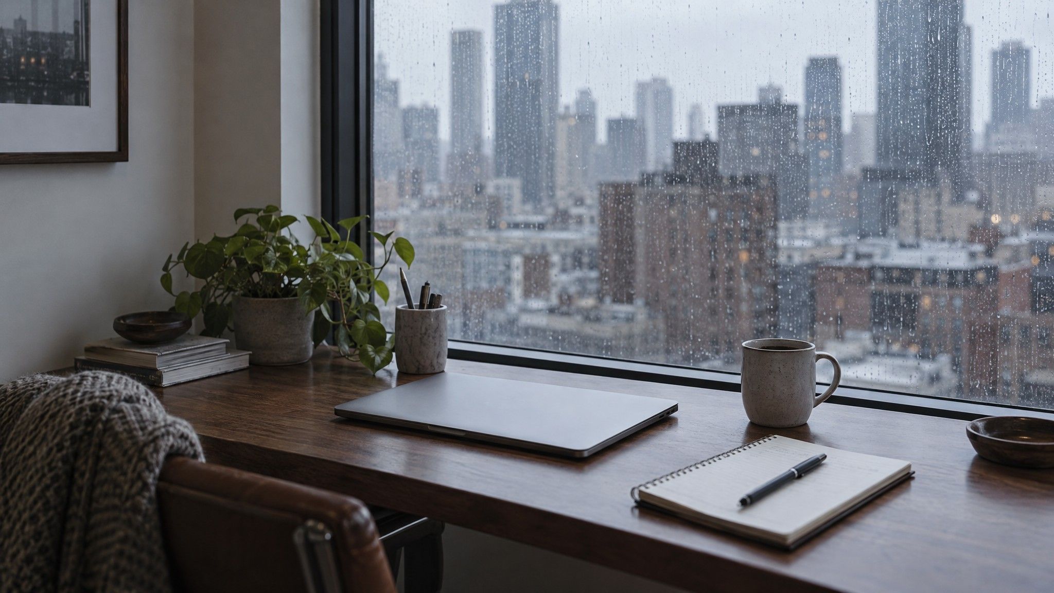 Window desk with closed laptop, notebook and coffee, rain on the glass