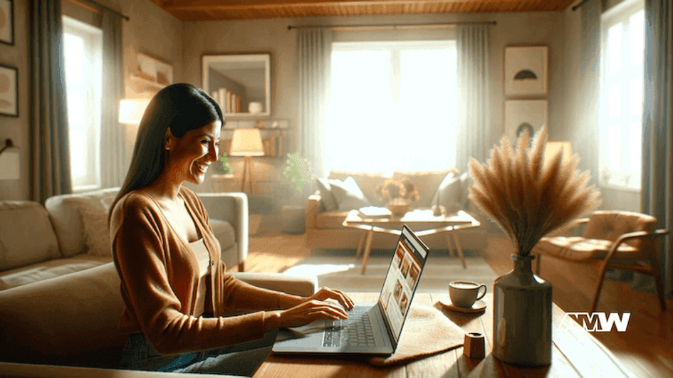 A woman typing on a laptop at a table in a sunlit living room, with a coffee cup and a vase of dried pampas grass beside her
