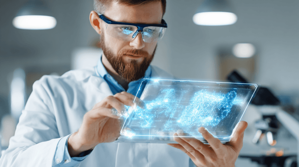 Scientist analyzing data on futuristic transparent tablet.