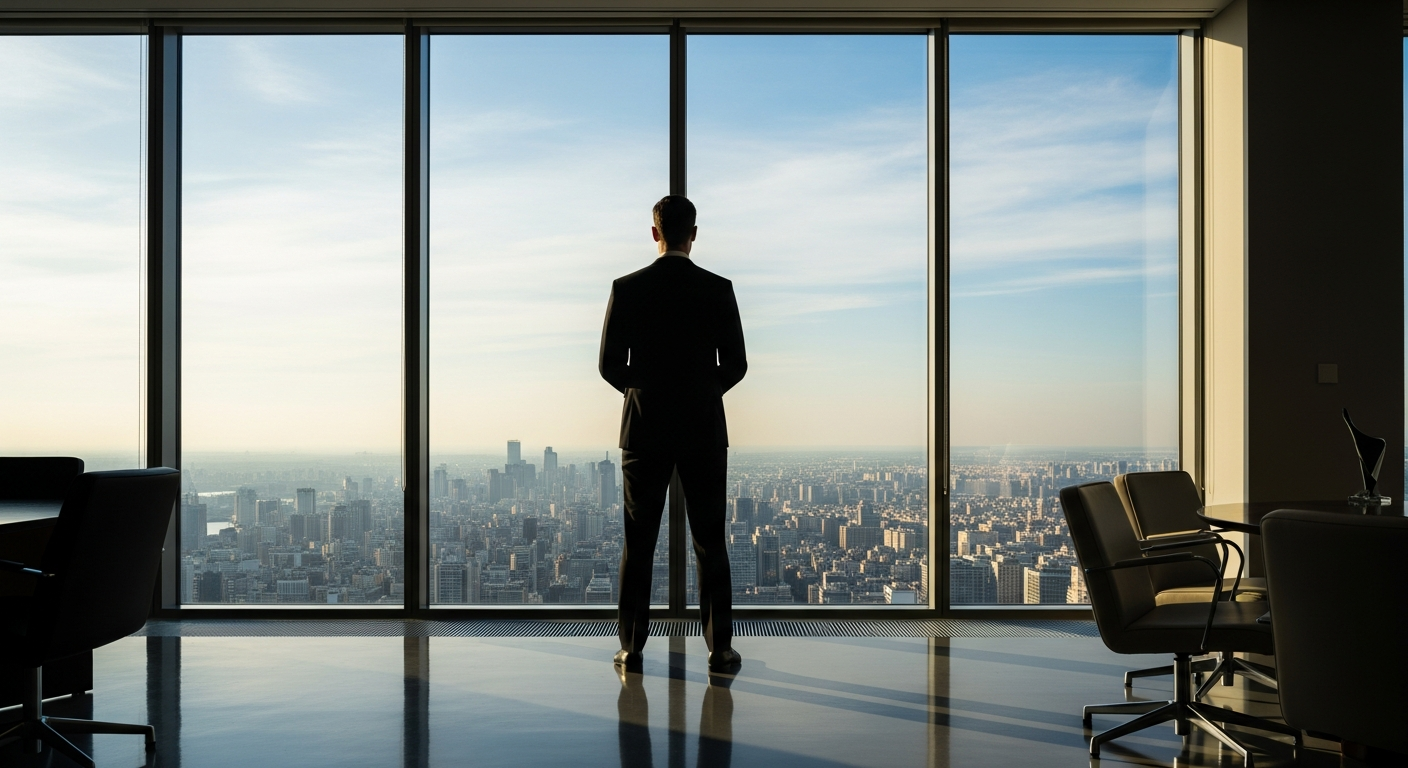 Executive at floor-to-ceiling window contemplating personal brand and PR strategy
