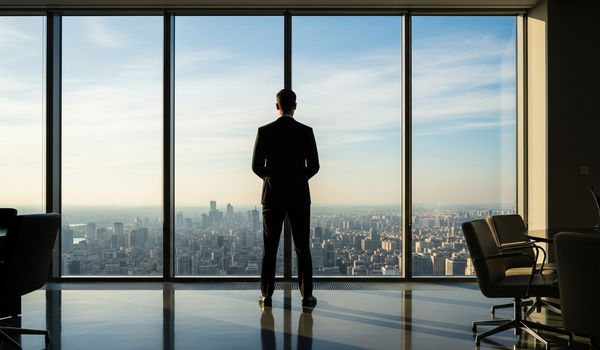 Executive at floor-to-ceiling window contemplating personal brand and PR strategy