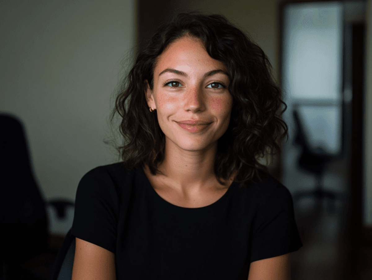 Smiling woman in office setting.