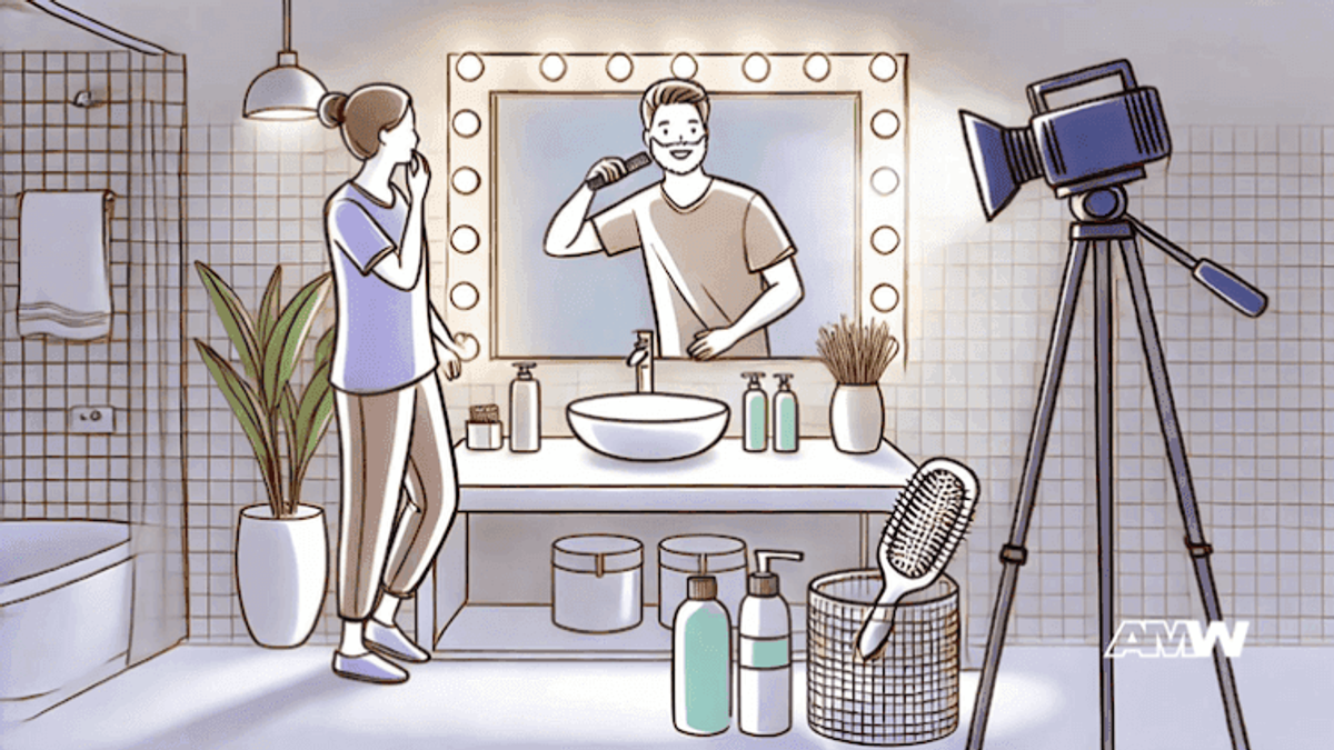 Man and woman filming morning bathroom routine