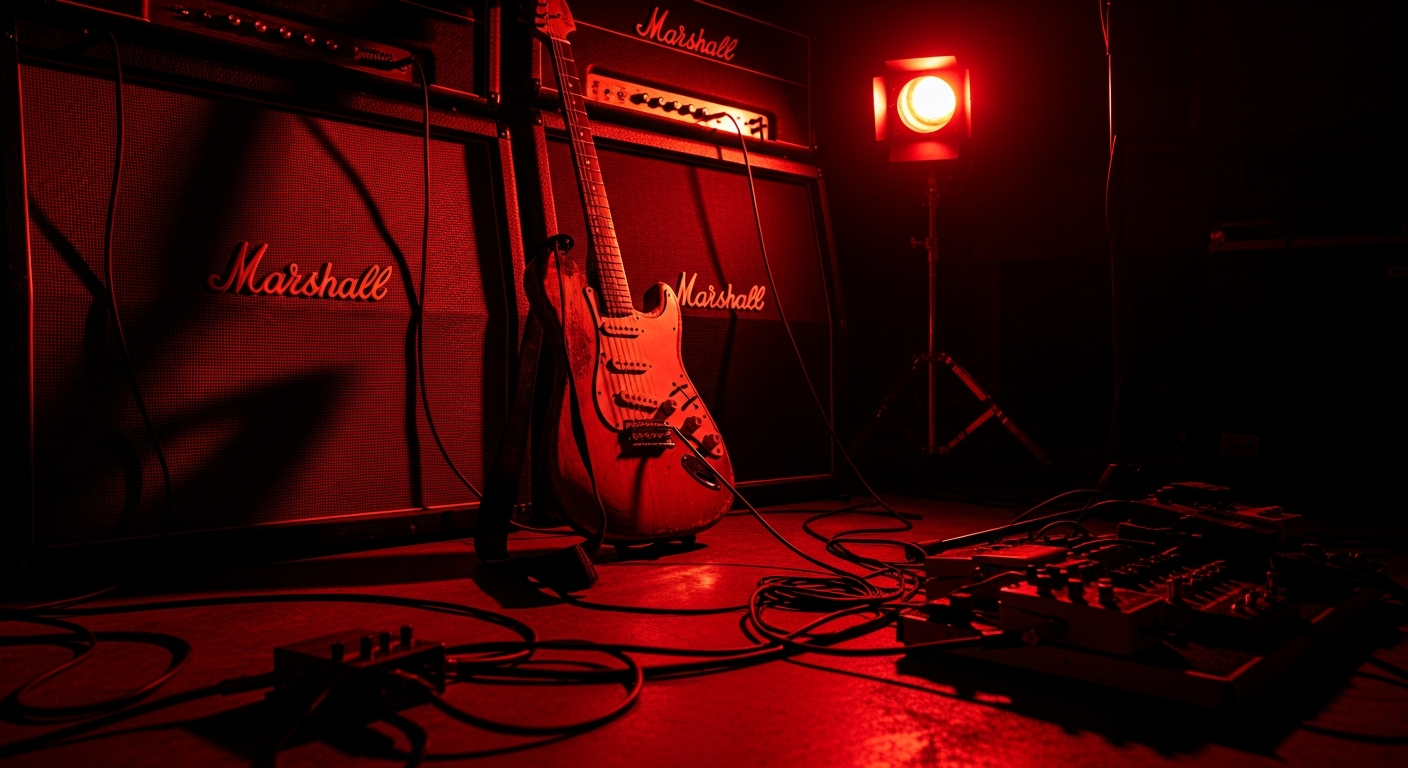 Metal and punk music promotion with electric guitar and amplifiers