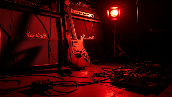 Metal and punk music promotion with electric guitar and amplifiers