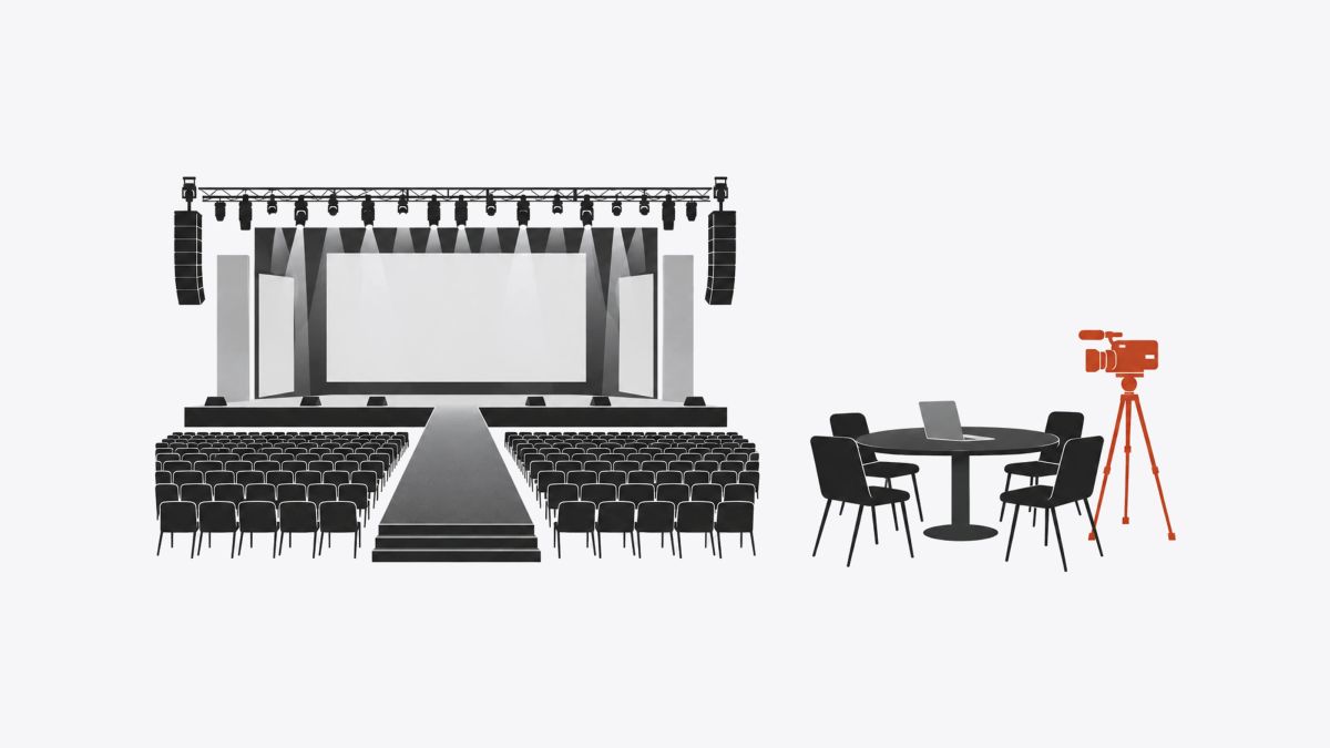 Illustration: A small team launches at table size keynote stage; small table; recorded walkthrough. Match the format to the audience you have