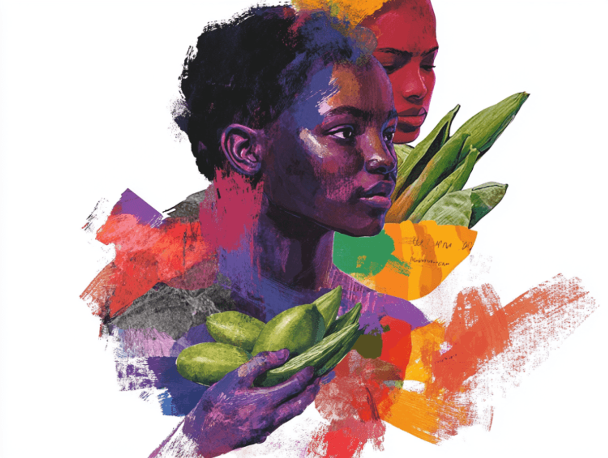 Colorful portrait of two women with fruits