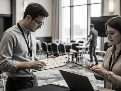 Event professionals collaborating on event planning and coordination in venue