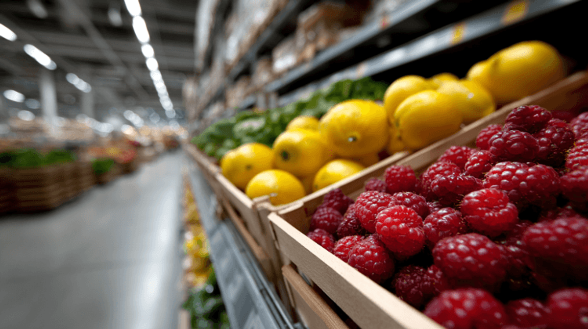 Fresh raspberries and lemons in grocery store