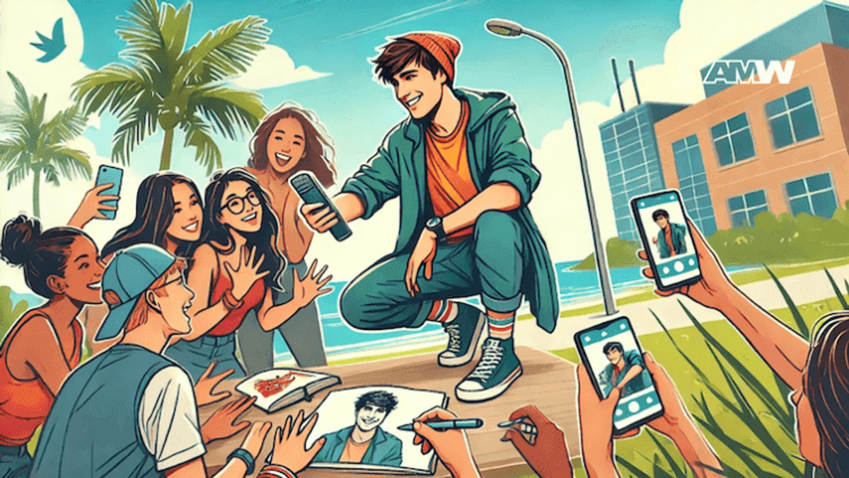 Group of friends taking photos outdoors.