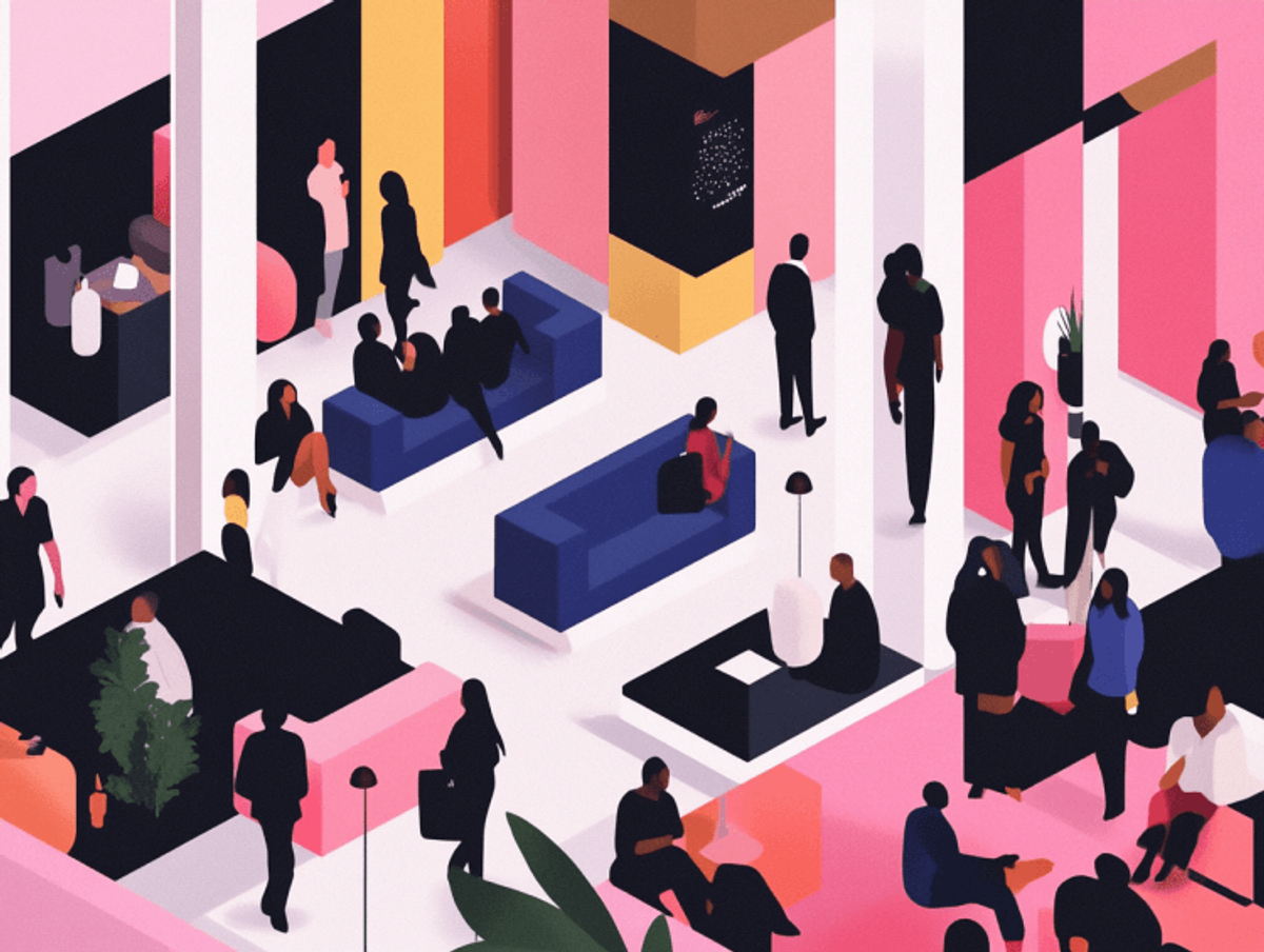 Colorful office scene with diverse people socializing.