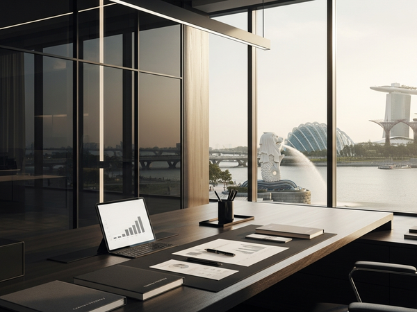 Luxury content marketing office with Singapore Marina Bay view