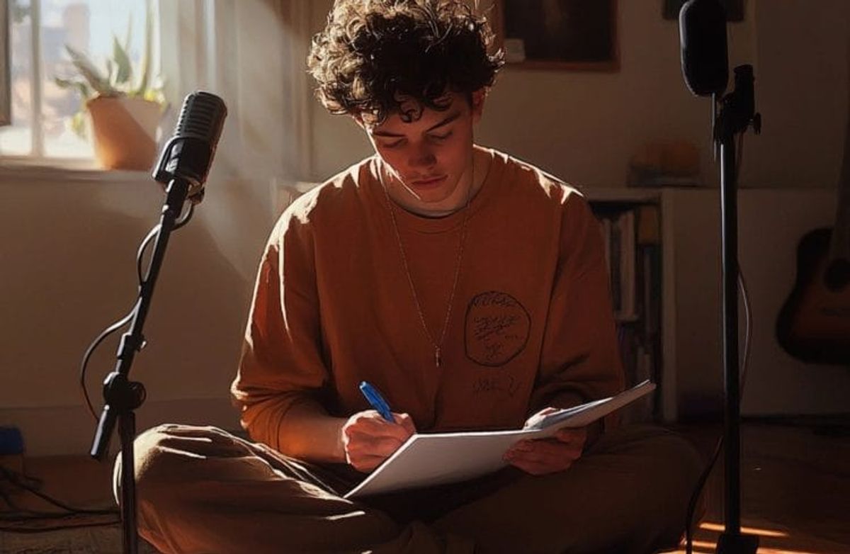 Person writing in notebook under natural light