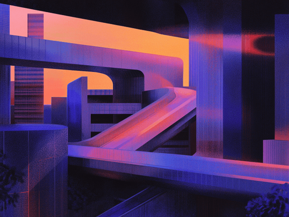 Futuristic cityscape with vibrant sunset colors.