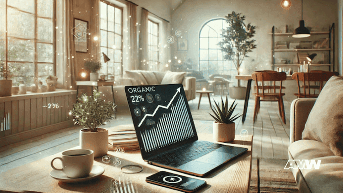 Laptop with marketing data in cozy home office