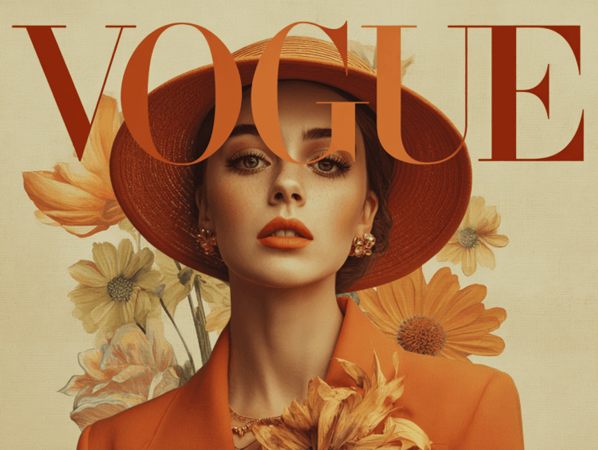 Fashionable woman in orange hat and floral backdrop.