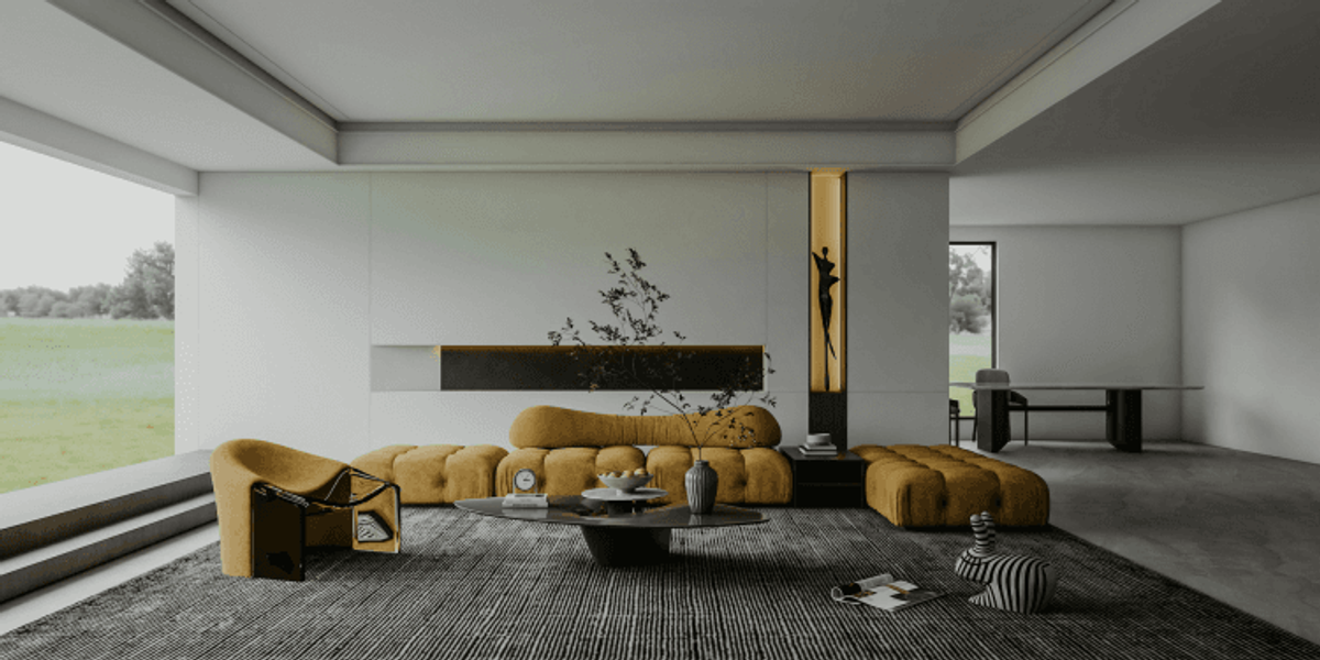 Modern minimalist living room with yellow furniture