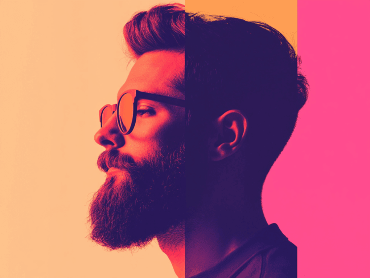 Colorful split-tone portrait of bearded man with glasses