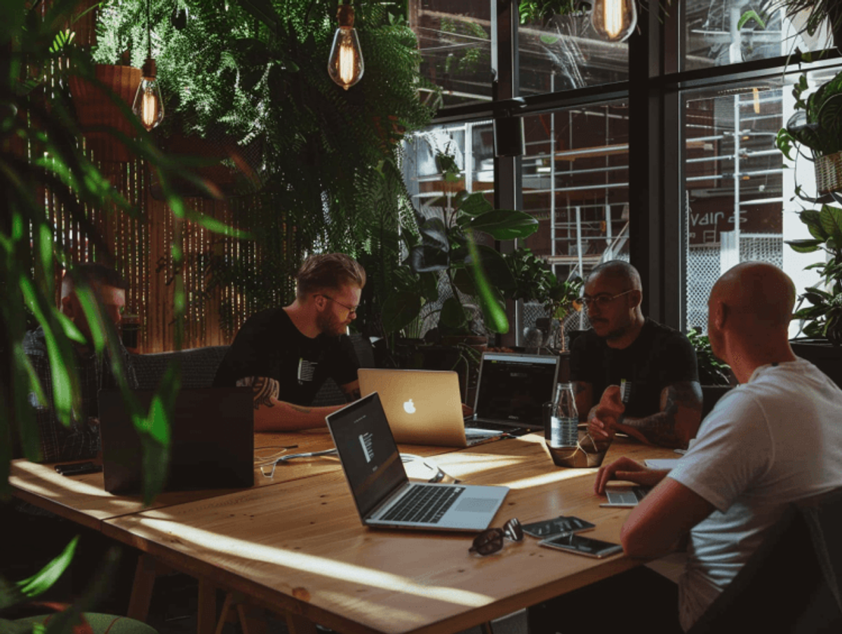 Team working on laptops in modern office.